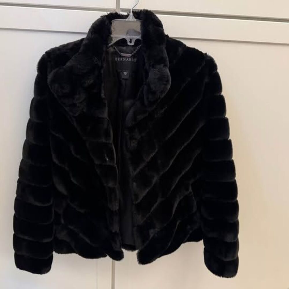 Bernardo Grooved Faux Fur Stand Collar Jacket - Black, Size XS